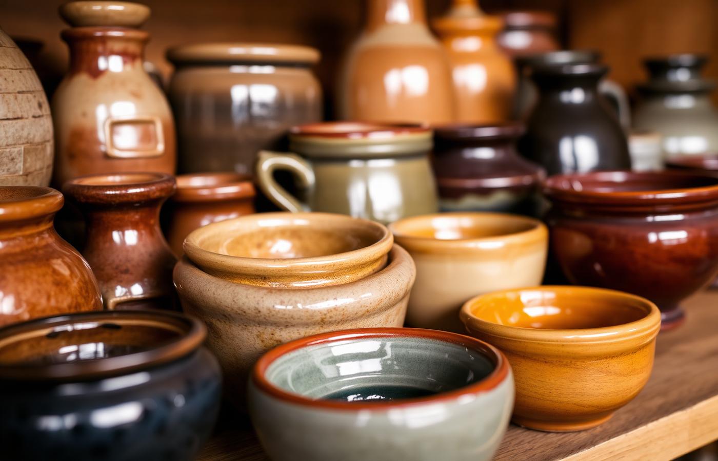 Glazed stoneware on a wooden shelf