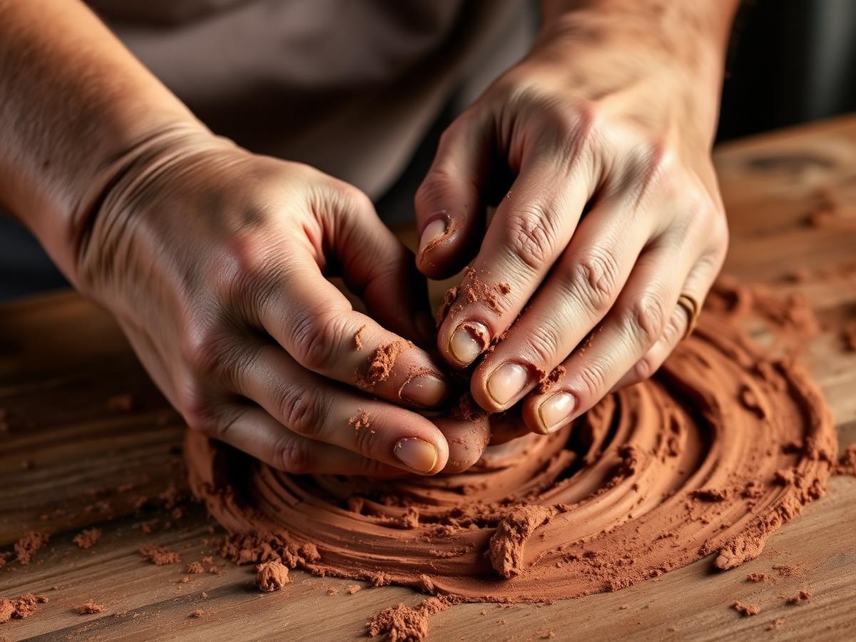 Hands wedging wet stoneware clay on a wooden table