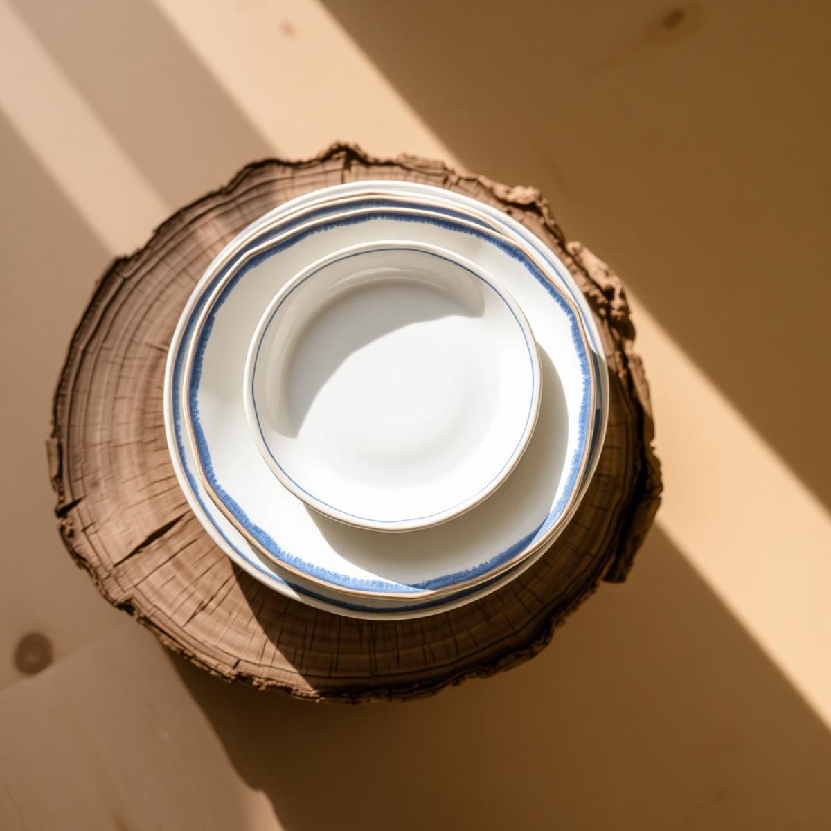 Stack of handmade dinner plates with sage rim