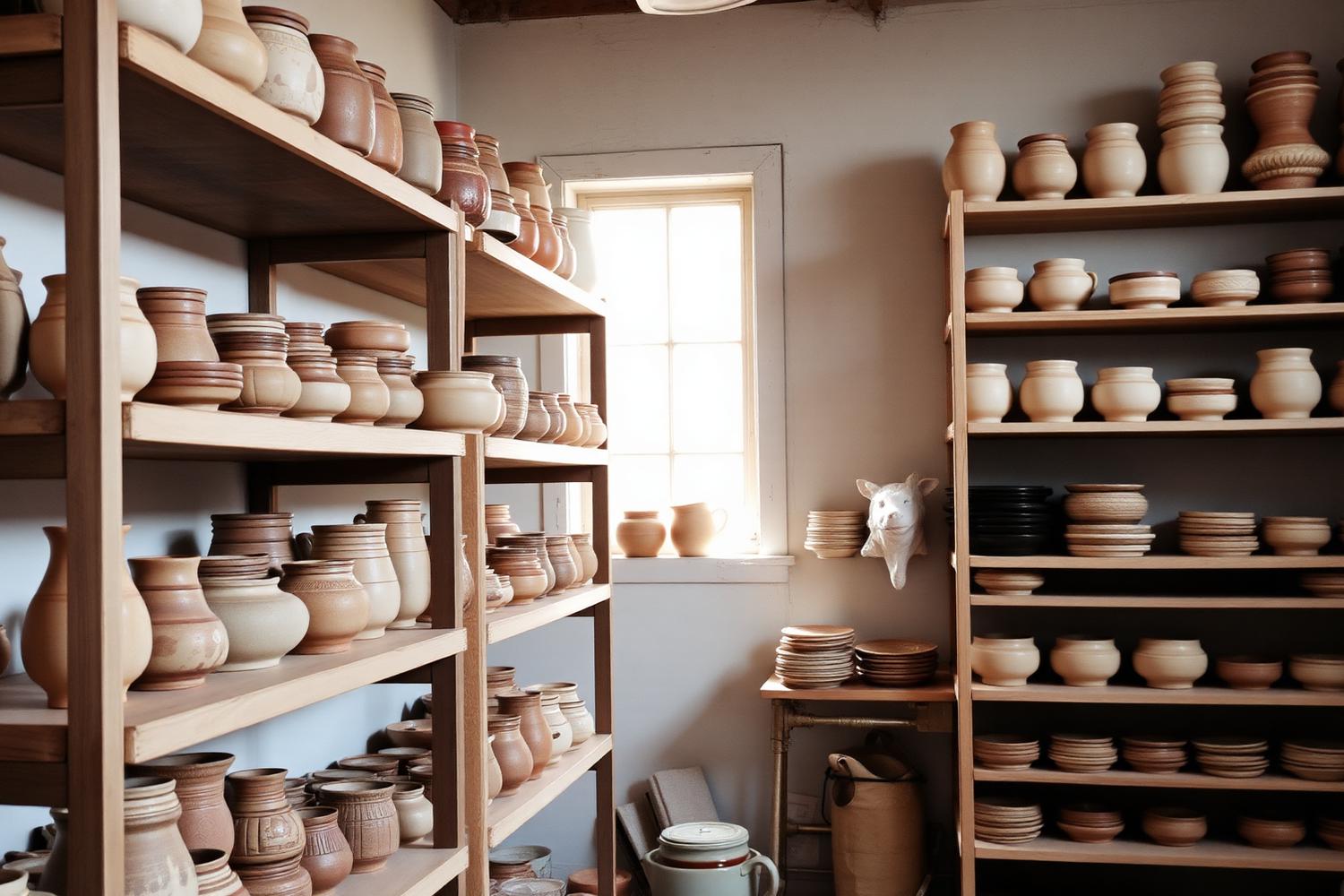 Pottery collection on shelves