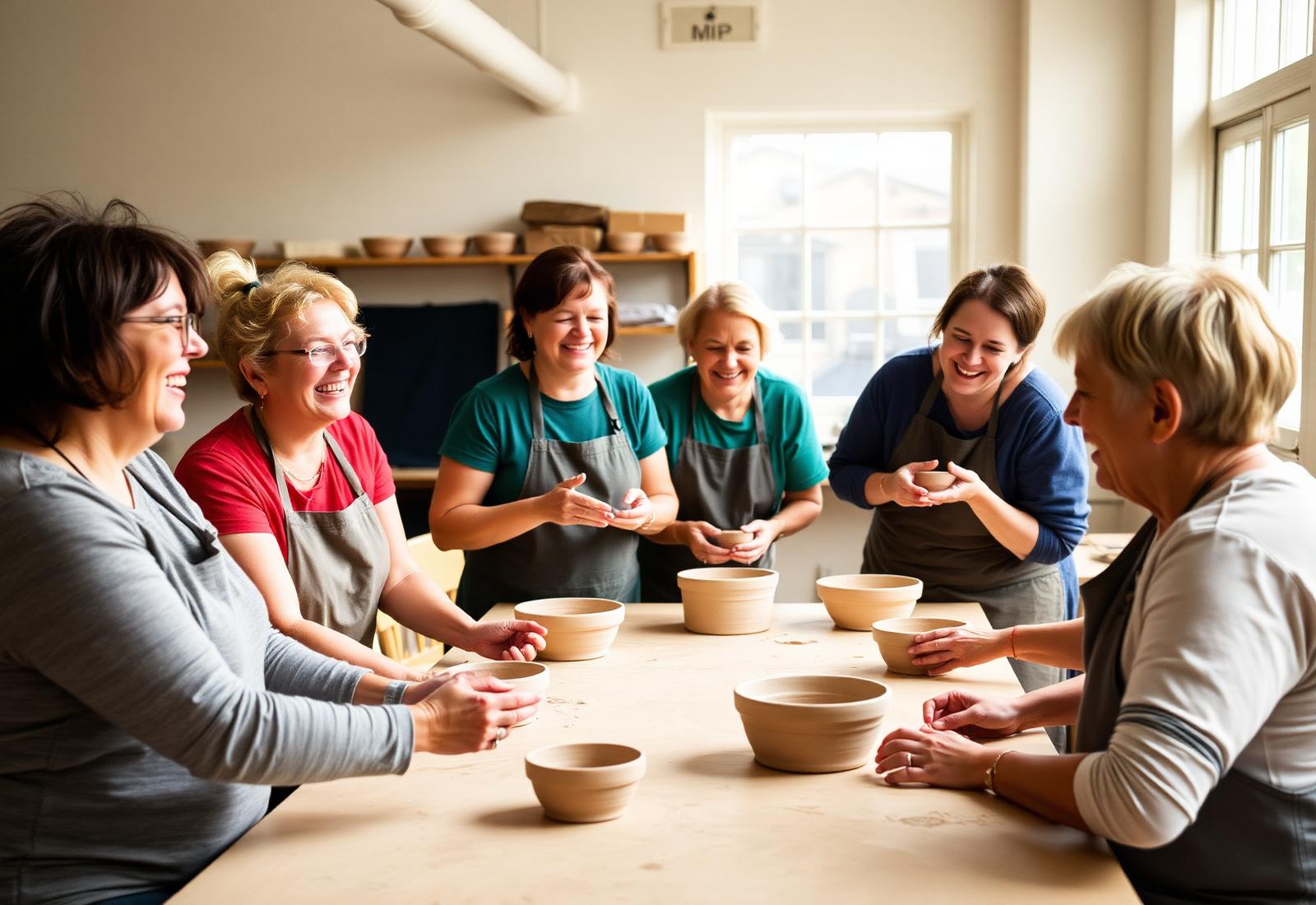 Workshop participants at pottery wheels in the studio